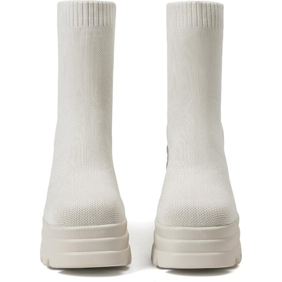 🆕Women Beige Knit Square Toe Stretch Soft Block High Heel Punk Dress Sock Boots - Picture 3 of 7